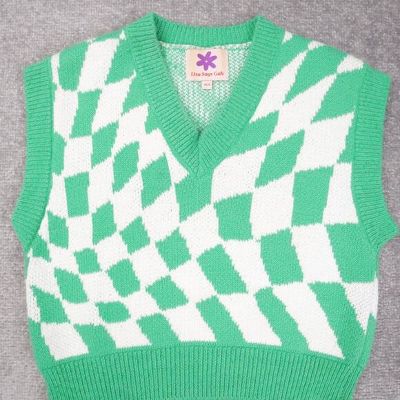 Womens Lisa Says Gah! XS/Small Green White Checkered Sleeveless Sweater Vest - Picture 5 of 8